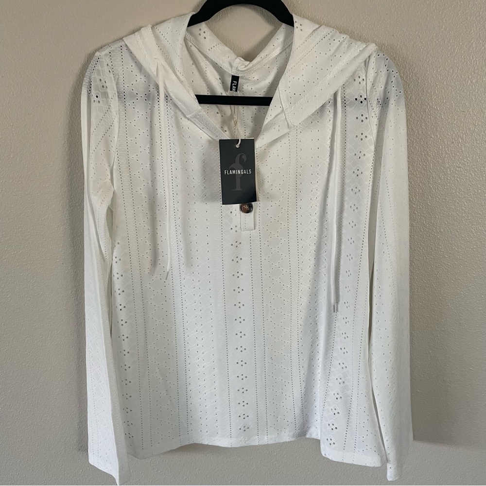 Flamingals White Button Drawstring Hooded Top